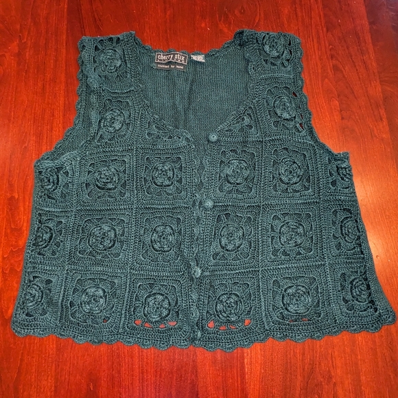 Cherry Stix Ltd. handmade knit/crochet vest, dark green, OS - Picture 5 of 10